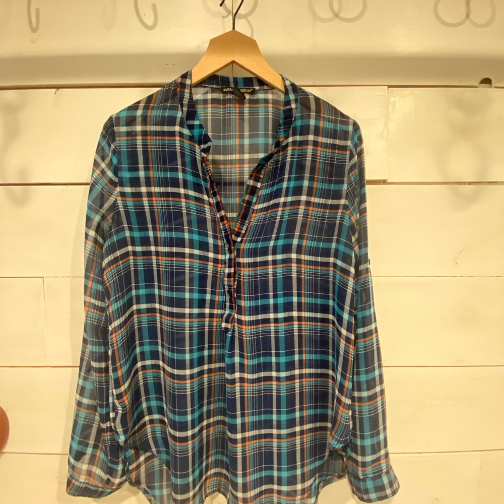 American Dream Blue and Orange Plaid Blouse